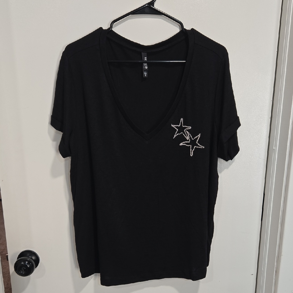 Torrid Black V-Neck Tee with Embroidered Stars